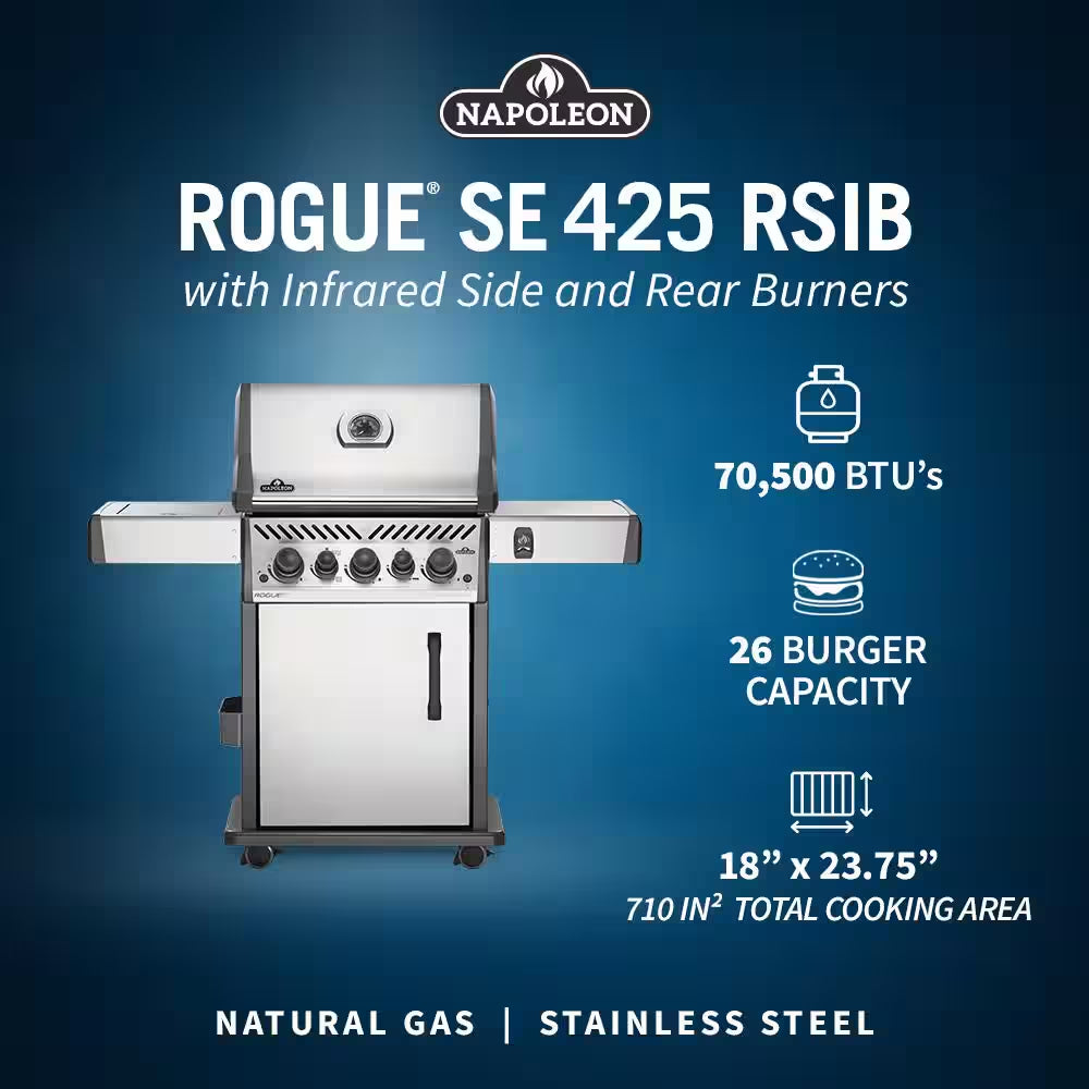 Rogue 3-Burner Natural Gas Grill with Infrared Rear and Side Burners in Stainless Steel