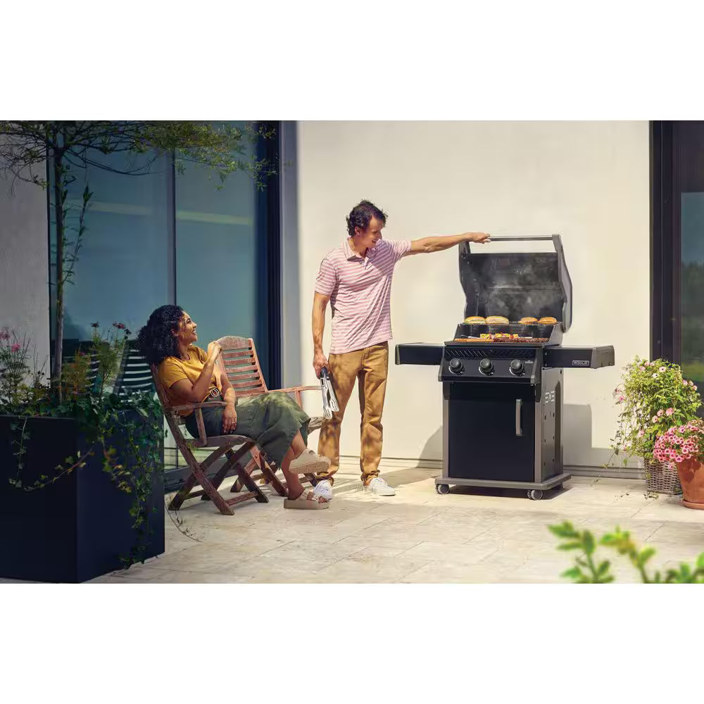 Rogue 425 3-Burner Propane Gas Grill in Black with Cast Iron Cooking Grids